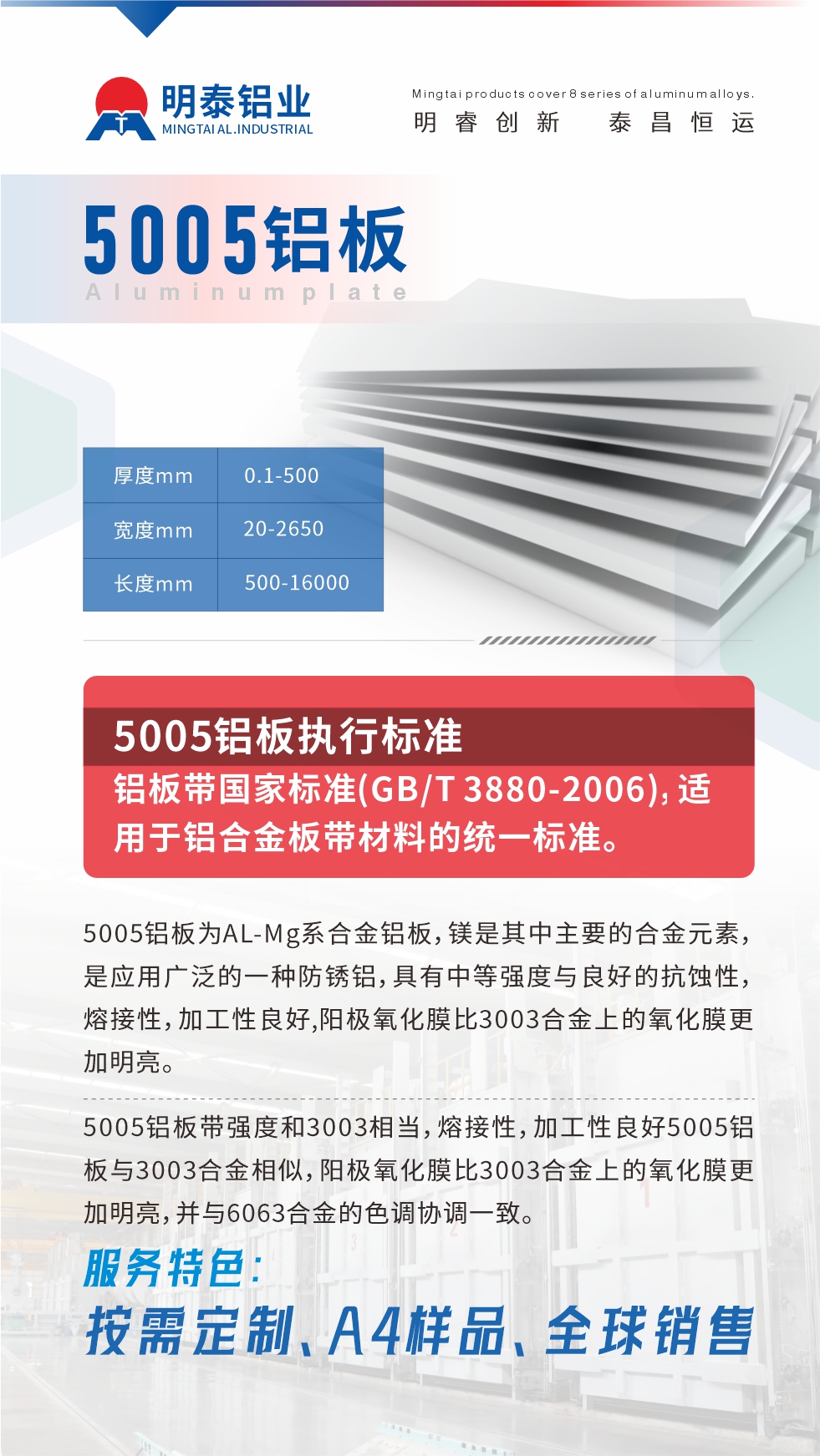 產(chǎn)品介紹

5005鋁板為AL-Mg系合金鋁板，鎂是其中主要的合金元素，是應(yīng)用廣泛的一種防銹鋁，具有中等強(qiáng)度與良好的抗蝕性，熔接性，加工性良好,陽極氧化膜比3003合金上的氧化膜更加明亮。

5005鋁板帶強(qiáng)度和3003相當(dāng)，熔接性，加工性良好5005鋁板與3003合金相似，陽極氧化膜比3003合金上的氧化膜更加明亮，并與6063合金的色調(diào)協(xié)調(diào)一致。服務(wù)特色：按需定制、A4樣品、全球銷售!

