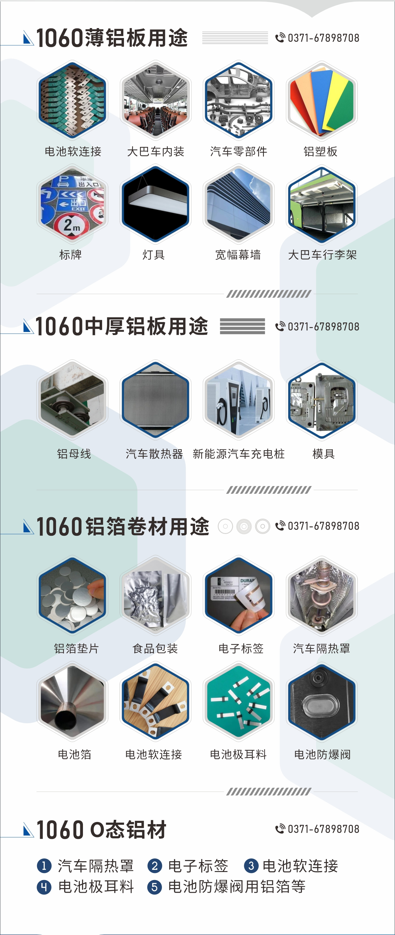1060鋁板卷用途
　　1060鋁薄板用途： 電池軟連接、大巴車內(nèi)裝、汽車零部件、鋁塑板、標(biāo)牌、燈具、寬幅幕墻、大巴車行李架/地板/花紋板(宇通公司使用)等;1060中厚鋁板用途：鋁母線、汽車散熱器、新能源汽車充電樁、模具等;1060鋁箔卷材用途：鋁箔墊片、食品包裝、電子標(biāo)簽、汽車隔熱罩用鋁箔、電池箔、電池軟連接、電池極耳料、電池防爆閥等;1060-O態(tài)鋁材用途：汽車隔熱罩、電子標(biāo)簽、電池軟連接、電池極耳料、電池防爆閥用鋁箔等;1060鋁板多少錢1噸.1060鋁板價(jià)格=發(fā)貨當(dāng)天長(zhǎng)江鋁錠價(jià)+加工費(fèi)